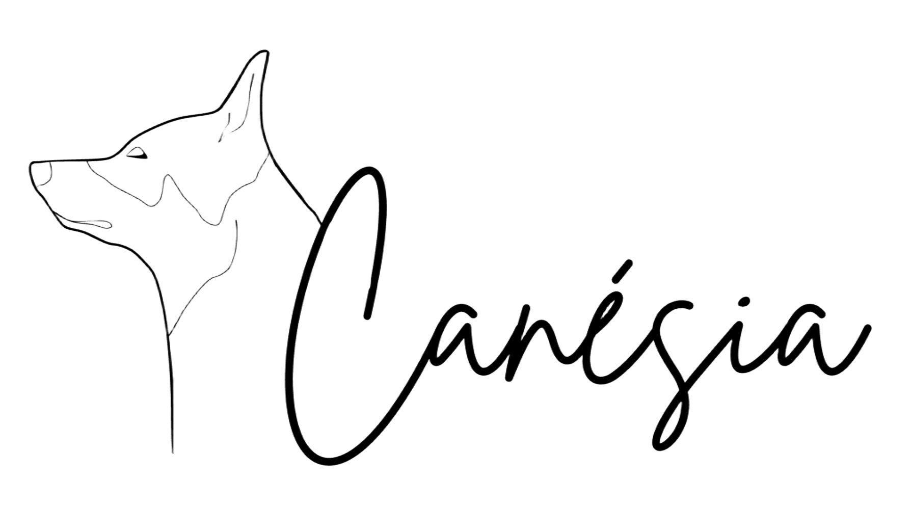 Logo de l'entreprise canésia, c'est la tête d'un chien dessiné en traits fins avec le nom Canésia en écriture calligraphique accolée à son cou